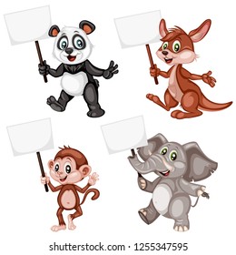 Vector Illustration of Happy Animals. Cute Cartoon Panda, Kangaroo, Monkey, Elephant Holding Text Placement Banners Isolated on a White Background. Happy Animals Set
