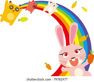 Vector illustration of Happy animals on rainbow