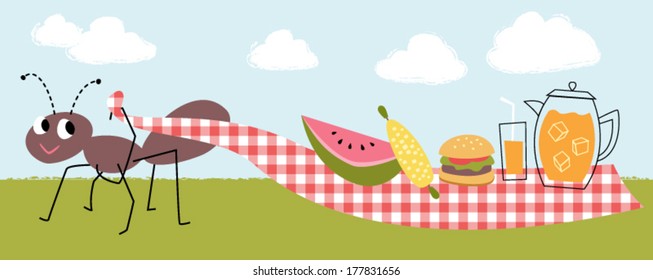 Vector Illustration of Happy Ant Pulling Picnic Spread on Grass