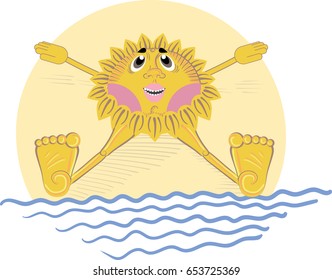 Vector illustration of happy anthropomorphic sun lying on beach. Vacation, seaside, resort concept. For summer, travel, leisure themes