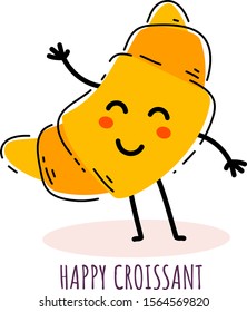 Vector illustration of happy appetizing french croissant character on white background. Flat line art style design for web, site, poster, banner, menu, sticker