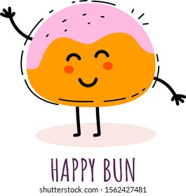Vector illustration of happy appetizing ruddy bun character with pink glaze on white background. Flat line art style design for web, site, poster, banner, print, sticker