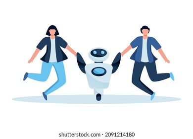 Vector illustration of happy artificial robot holding human hands isolated on white background.