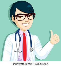 Vector illustration of happy Asian doctor with stethoscope showing thumbs up hand gesture