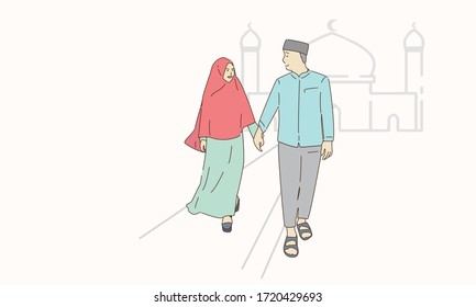 Vector illustration of happy asian muslim couple enjoying their time together after praying at the mosque during ramadhan month