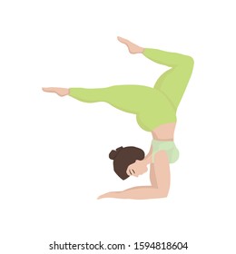 Vector illustration with happy asian of oversized woman in yoga position handstand. Sport and body health positive concept. Love body. Attractive woman of large sizes an active healthy lifestyle