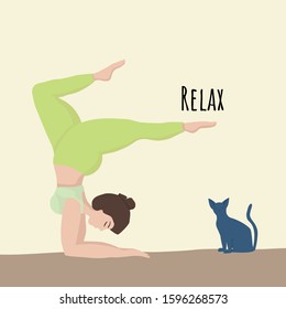 Vector illustration with happy asian an oversized women in yoga position handstand, and cat. Relax. Sports and health body positive concept for postcard, yoga classes t-shirt active healthy lifestyle
