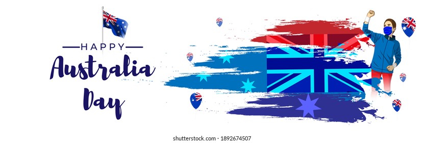 Vector illustration of Happy Australia day poster, Australia flag, kangaroo, banner template for websites, greeting.