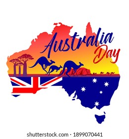 Vector illustration Happy Australia Day silhouette of continent, kangaroo, mountain, flag symbols of Australia. Greeting card design.