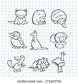 A vector illustration of happy australian animals set in line art doodle drawing style. tasmanian devil, wombat, echidna, kookaburra, kangaroo, koala bar, platypus, frill neck lizard and emu. 