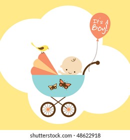 Vector illustration of a happy baby boy in stroller.