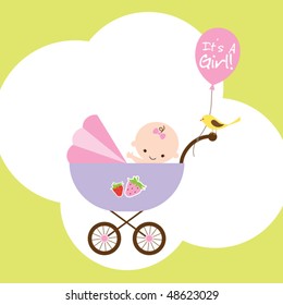 Vector illustration of a happy baby girl in stroller.