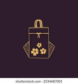 Ilustración vectorial de un bolso feliz en forma de bolso con asas y un lazo en un estilo de contorno. Perfecto para celebrar el chusok y el Año Nuevo Lunar.