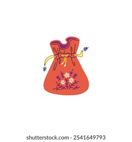 Ilustración vectorial de un bolso feliz hecho de tela roja con un adorno de flores y hojas sobre un fondo blanco. Perfecto para celebrar el chusok y el Año Nuevo.