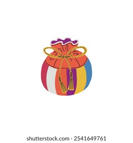 Ilustración vectorial de un bolso feliz de telas multicolores con un encaje dorado atado en un lazo sobre un fondo blanco. Perfecto para celebrar el chusok y el Año Nuevo.