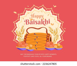 Vector illustration of Happy Baisakhi holiday background for Punjabi festival, wishes with festival background.