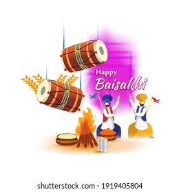 Vector illustration for happy Baisakhi, Indian punjabi festival with festival theme elements.