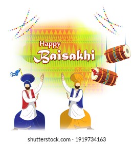 Vector illustration for happy Baisakhi, Indian punjabi festival with festival theme elements.