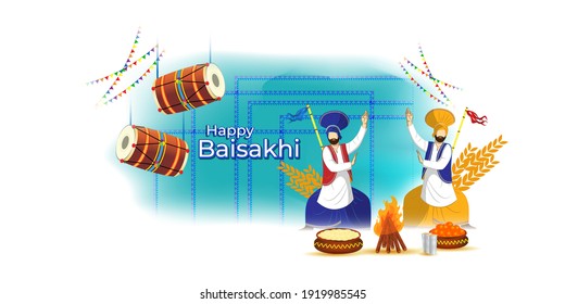 Vector illustration for happy Baisakhi, Indian punjabi festival with festival theme elements.