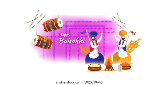 Vector illustration for happy Baisakhi, Indian punjabi festival with festival theme elements.