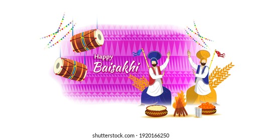 Vector illustration for happy Baisakhi, Indian punjabi festival with festival theme elements.