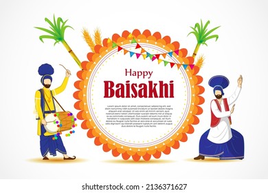 Vector illustration for happy Baisakhi, Indian punjabi festival with festival theme elements.