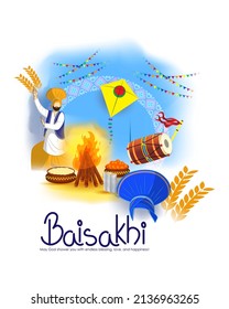 Vector illustration for happy Baisakhi, Indian punjabi festival with festival theme elements.