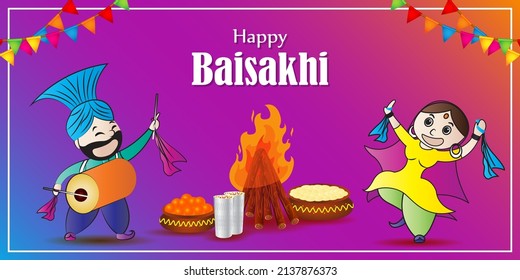 Vector illustration for happy Baisakhi, Indian punjabi festival with festival theme elements.