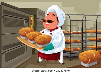 A vector illustration of happy baker holding breads in the kitchen