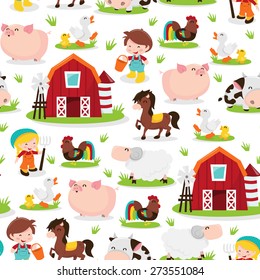 A vector illustration of a happy barnyard farm animals and people seamless pattern background. This pattern is seamless and can be easily tiled to make larger pattern. 