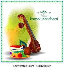 Vector illustration of Happy Basant Panchami banner, Indian festival, Veena, books and fruits, background template for website and social media, festive background concept