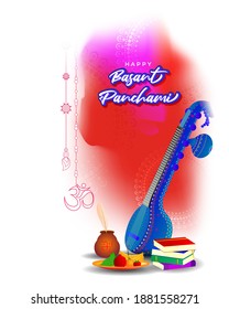 Vector illustration of Happy Basant Panchami banner, Indian festival, Veena, books and fruits, background template for website and social media, festive background concept