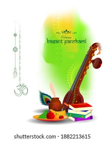 Ilustración vectorial de la pancarta de Happy Basant Panchami, festival indio, Veena, libros y frutas, plantilla de antecedentes para sitios web y medios sociales, concepto de fondo festivo