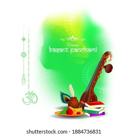 Vector illustration of Happy Basant Panchami banner, Indian festival, Veena, books and fruits, background template for website and social media, festive background concept