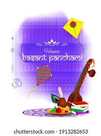 Vector illustration of Happy Basant Panchami banner, Indian festival, Veena, books and fruits, background template for website and social media.