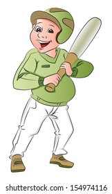 Vector illustration of happy baseball batsman holding a baseball bat.