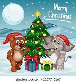 Vector Illustration of a Happy Bear and Elephant Next to Christmas Tree. Bear and Elephant Wearing a Christmas Hat. Cute Cartoon Bear and Elephant Cheering On Winter Background. Happy Animal