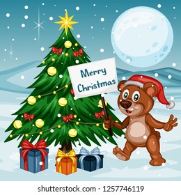 Vector Illustration of a Happy Bear Next to Christmas Tree. Wearing a Christmas Hat and holding Text Banner. Cute Cartoon Bear Cheering On Winter Background. Happy Animals Set