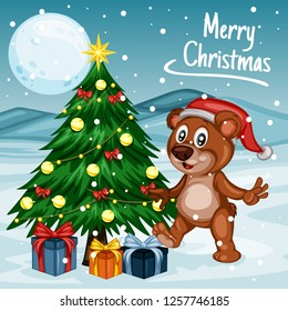 Vector Illustration of a Happy Bear Next to Christmas Tree. Bear   Wearing a Christmas Hat. Cute Cartoon Bear  Cheering On Winter Background. Happy Animals Set
