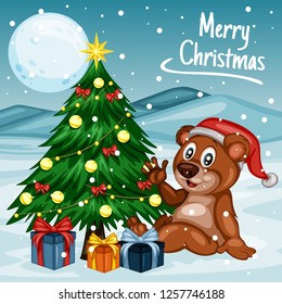 Vector Illustration of a Happy Bear  Next to Christmas Tree. Bear  Wearing a Christmas Hat. Cute Cartoon Bear  Cheering On Winter Background. Happy Animals Set