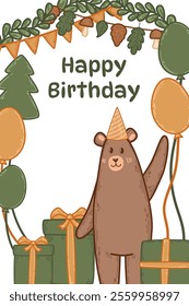 Vector illustration of a happy bear in a party hat with gifts and balloons. Festive postcard design features orange and green forest accents. Poster for surprise birthday celebrations