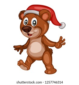 Vector Illustration of a Happy Bear Wearing a Christmas Hat. Cute Cartoon Bear Cheering Isolated on a White Background. Happy Animals Set