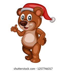 Vector Illustration of a Happy Bear Wearing a Christmas Hat. Cute Cartoon Bear Cheering Isolated on a White Background. Happy Animals Set