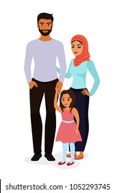 Vector Illustration Of Happy And Beautiful Arab Family. Mother In Hijab, Father And Daughter In Flat Cartoon Style.