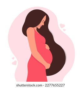  Vector illustration of a happy beautiful pregnant woman with long hair. Vector illustration in flat cartoon style. Isolated on a white background.