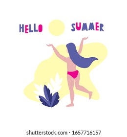 Vector illustration of happy beautiful woman or girl in panties putting hands up in the air to the sun and hello summer phrase. Activity, summer vacation, sports, happy new day concept. 