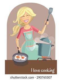 Vector illustration of a happy beautiful woman cooking tasty dinner on the kitchen. Cute smiling girl with long blonde hair, pots and pans. I love cooking inscription. 