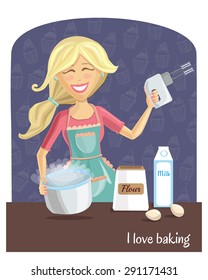 Vector illustration of a happy beautiful woman cooking pastry on the kitchen. Cute smiling girl with long blonde hair, mixer and foodstuff. Blue background with cupcakes. I love baking inscription.