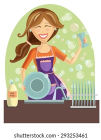 Vector illustration of a happy beautiful woman washing dishes on the kitchen. Cute smiling girl with long brown hair. Plates, foam bubbles, dish soap, faucet and other elements on green background.