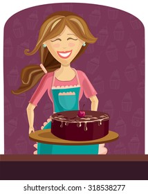 Vector illustration of a happy beautiful woman with delicious cake. Cute smiling girl with long brown hair and baked dessert on violet background with cupcakes.